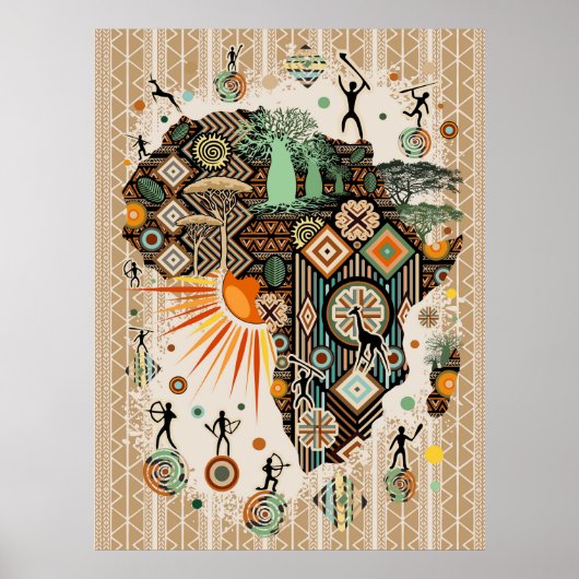Afrika Kaart Decoratieve Tribale Elementen Patroon Poster (Voorkant)