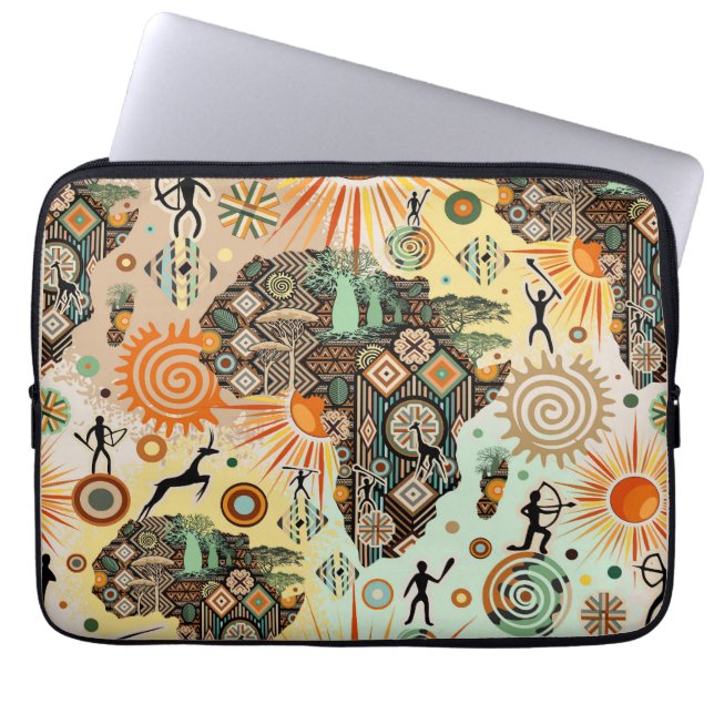 Afrika Kaart Decorative Stam Elementen Patroon Laptop Sleeve (Voorkant)