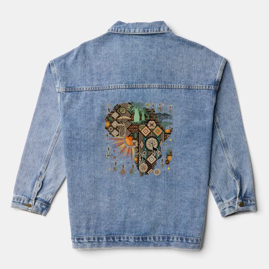 Afrika Kaart Decorative Stammen Elementen Patroon Denim Jacket (Achterkant)