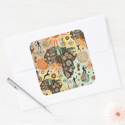 Afrika Kaart Decorative Stammen Elementen Patroon Vierkante Sticker (Envelop)