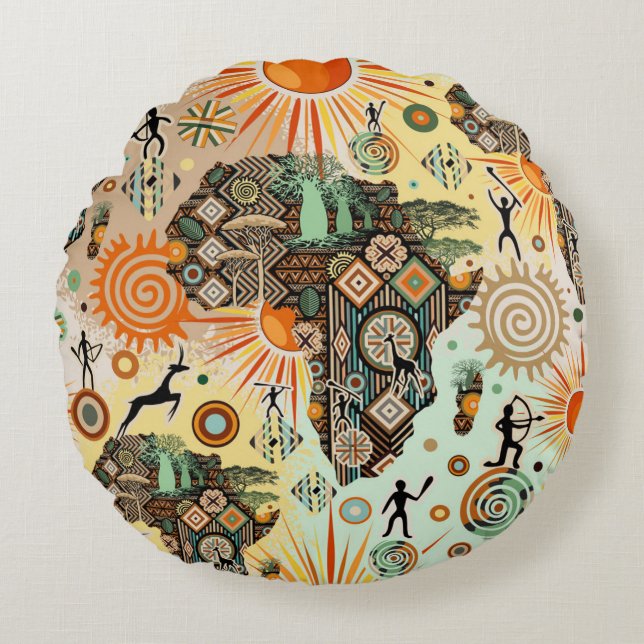 Afrika Kaart Decorative Tribale Elementen Patroon Rond Kussen (Voorkant)