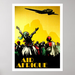 Afrika, stam begroetend vliegtuig, vintage reis poster