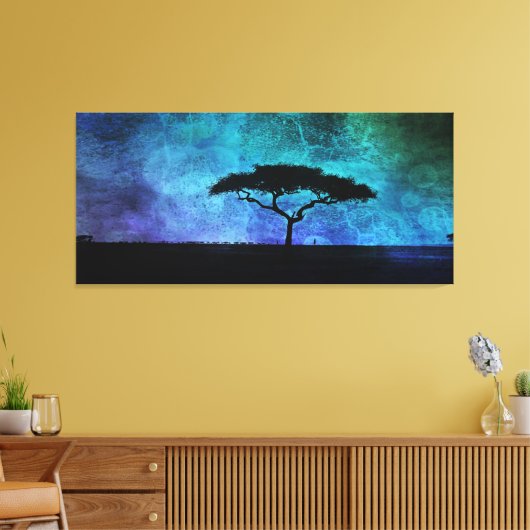 Afrikaans acia-boomlandschap in blauw en Paars Canvas Afdruk (Insitu (Woonkamer))
