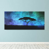 Afrikaans acia-boomlandschap in blauw en Paars Canvas Afdruk (Insitu (Houten vloer))