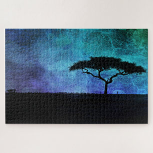 Afrikaans acia-boomlandschap in blauw en Paars Legpuzzel