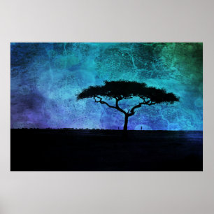 Afrikaans acia-boomlandschap in blauw en Paars Poster