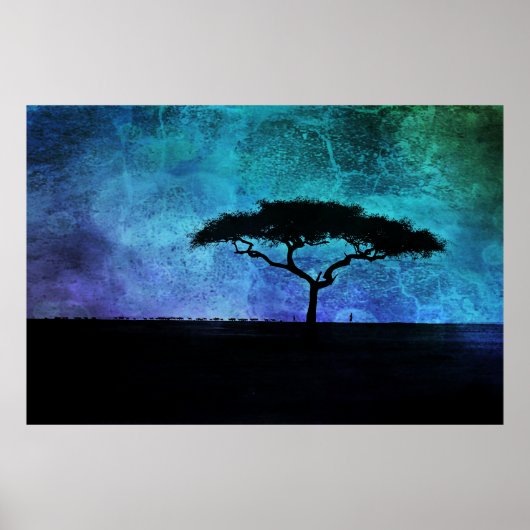 Afrikaans acia-boomlandschap in blauw en Paars Poster (Voorkant)