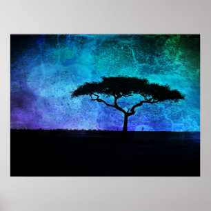 Afrikaans acia-boomlandschap in blauw en Paars Poster