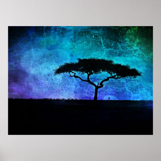 Afrikaans acia-boomlandschap in blauw en Paars Poster (Voorkant)