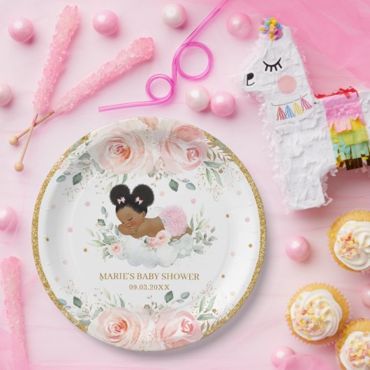 Afrikaans Amerikaans Blush Bloemen Meisje Baby sho Papieren Bordje (Feest)