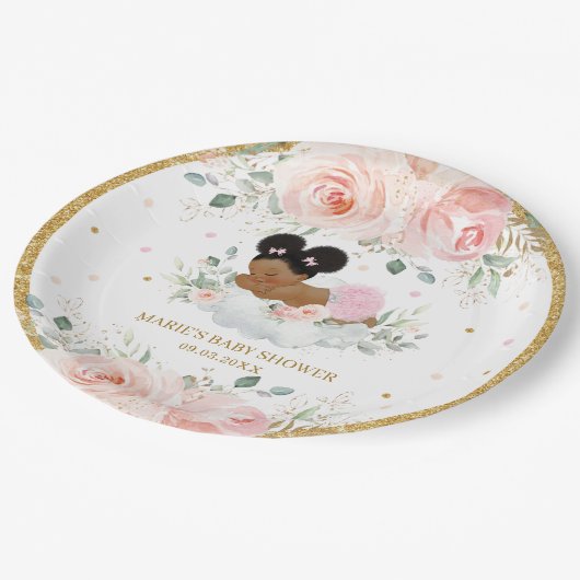 Afrikaans Amerikaans Blush Bloemen Meisje Baby sho Papieren Bordje (Gekanteld)