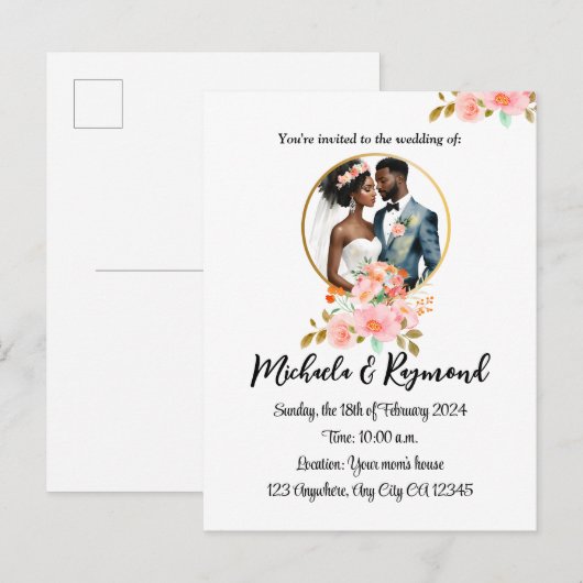 Afrikaans Amerikaans bruidspaar bruiloft Aankondigingskaart (Voorkant / Achterkant)