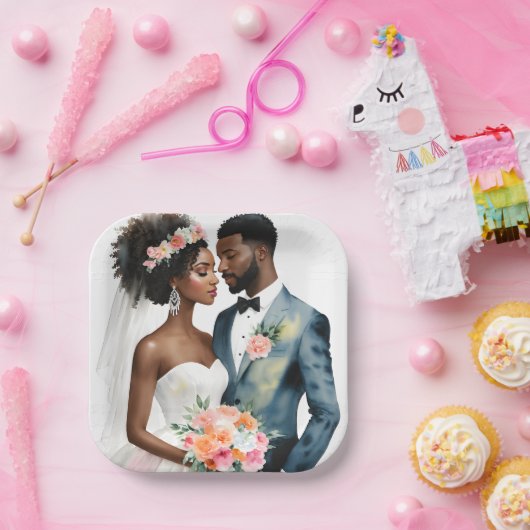Afrikaans Amerikaans bruidspaar bruiloft Papieren Bordje (Feest)
