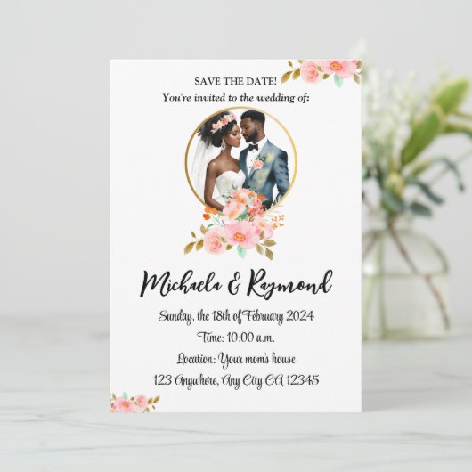Afrikaans Amerikaans bruidspaar Save The Date (Staand voorkant)