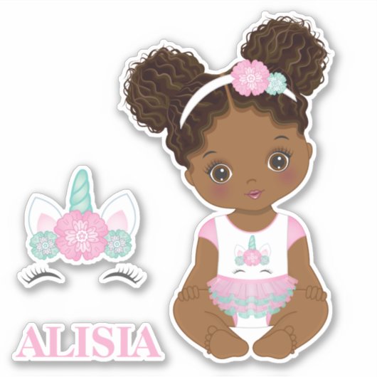 Afrikaans Amerikaans Eenhoorn Baby Meisje Vinyl St Sticker (Voorkant)