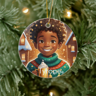 Afrikaans Amerikaans Jongen Kerstmis Vrolijk Keramisch Ornament