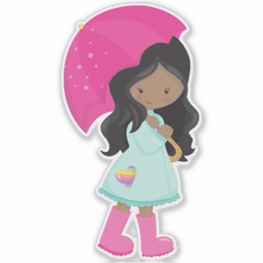 Afrikaans-Amerikaans meisje, regen, regenjas, para Sticker (Voorkant)