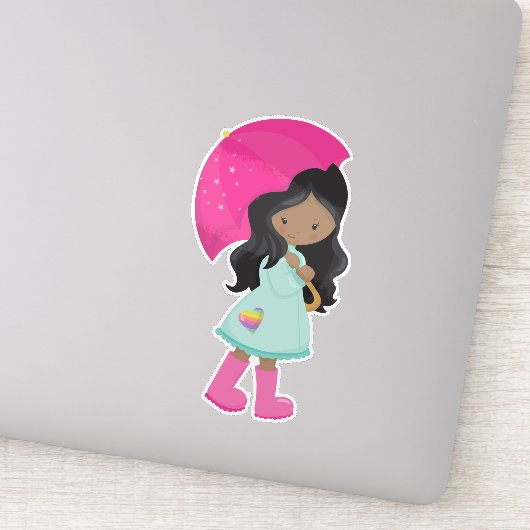Afrikaans-Amerikaans meisje, regen, regenjas, para Sticker (Detail)