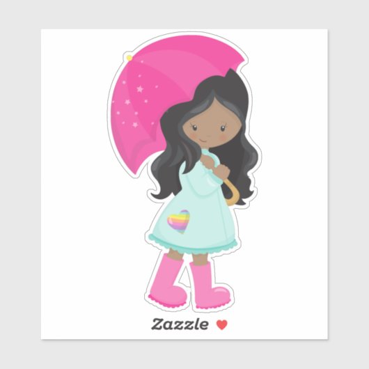 Afrikaans-Amerikaans meisje, regen, regenjas, para Sticker (Vel)