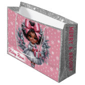 Afrikaans Amerikaans Meisje Roze & Zilver Vakantie Groot Cadeauzakje (Voorkant Gekanteld)