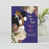 Afrikaans Amerikaans Paar Koninklijk Blauw Bruilof Save The Date (Staand voorkant)
