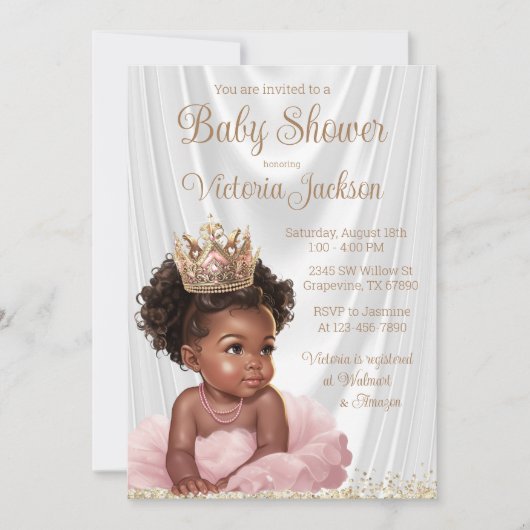 Afrikaans Amerikaans Prinses Baby shower Roze Goud Kaart (Voorkant)
