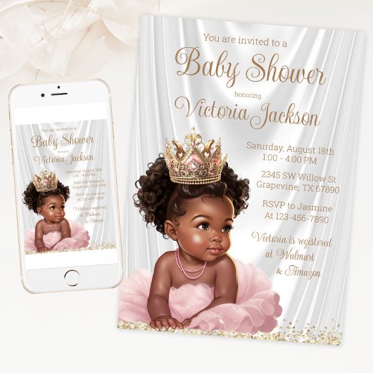 Afrikaans Amerikaans Prinses Baby shower Roze Goud Kaart