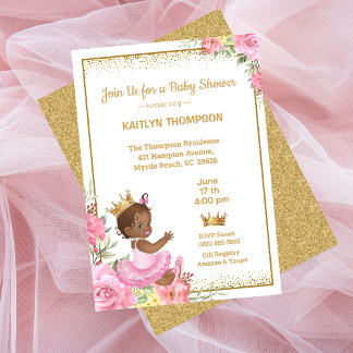 Afrikaans Amerikaans Roze Goud Prinses Baby shower Kaart
