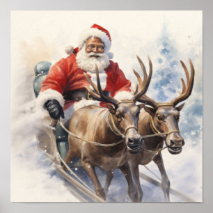 Afrikaans Amerikaans Santa Twee Rendier Sleigh Poster