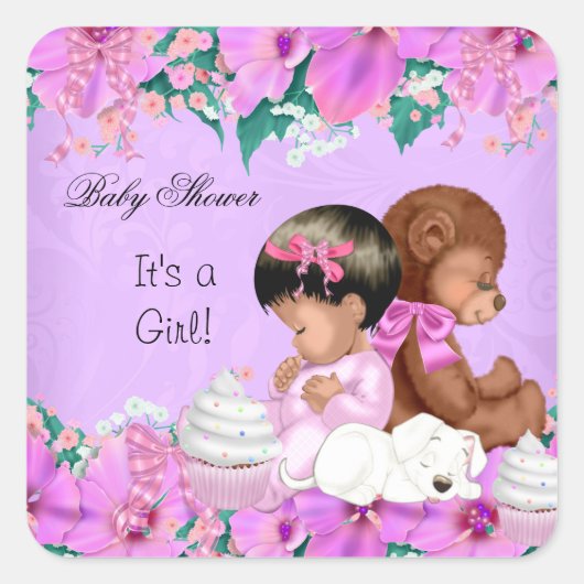 Afrikaans Amerikaans Schattige Baby shower Meisje Vierkante Sticker (Voorkant)