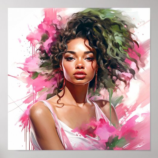 Afrikaans Amerikaans Vrouw Roze en Groen Schildere Poster (Voorkant)