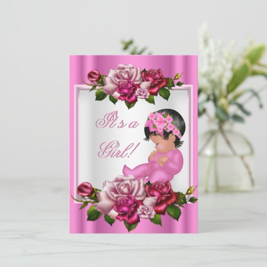 Afrikaans-Amerikaanse Baby shower, roze rozen Kaart (Staand voorkant)