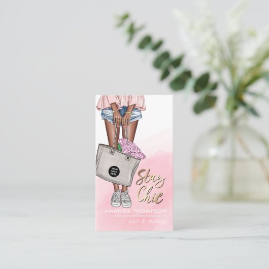 Afrikaans-Amerikaanse roze en blauwe denim Floral  Visitekaartje (Staand voorkant)