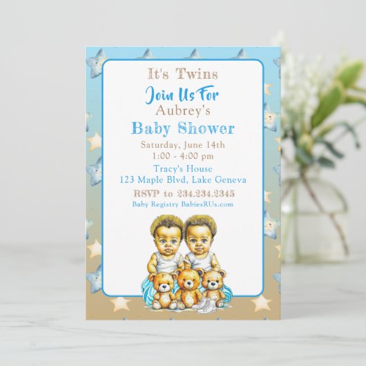 Afrikaans-Amerikaanse Twin Boy's Blue Baby shower Kaart (Staand voorkant)