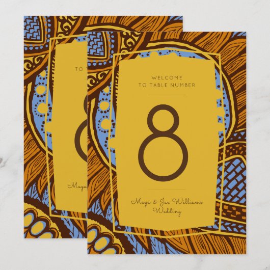 Afrikaans Ankara Sky Blue Goud Bloemen Tafel Numme Kaart (Voorkant / Achterkant)