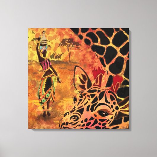 Afrikaans meisje en Giraffe - Vrienden - Kunstteke Canvas Afdruk (Voorkant)