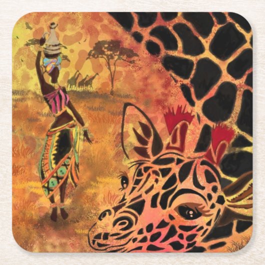 Afrikaans meisje en Giraffe - Vrienden - Kunstteke Kartonnen Onderzetters (Voorkant)