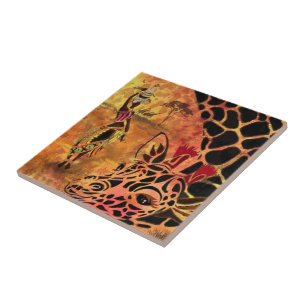 Afrikaans meisje en Giraffe - vrienden - kunstteke Tegeltje