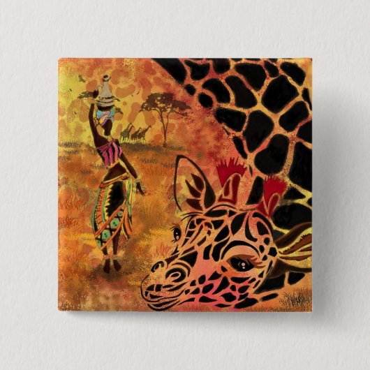 Afrikaans meisje en Giraffe - Vrienden - Kunstteke Vierkante Button 5,1 Cm (Voorkant)