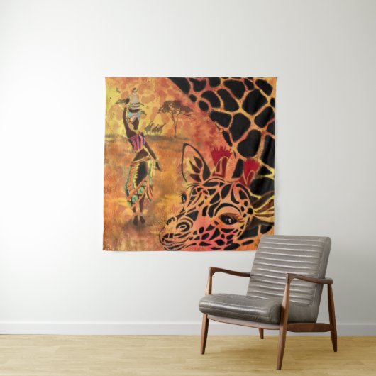 Afrikaans meisje en Giraffe - Vrienden - Kunstteke Wandkleed (In situ)