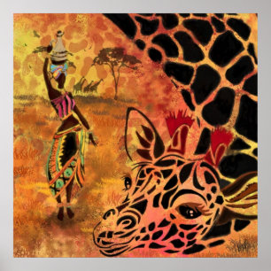 Afrikaans Meisje en Giraffe Vrienden Poster Schild