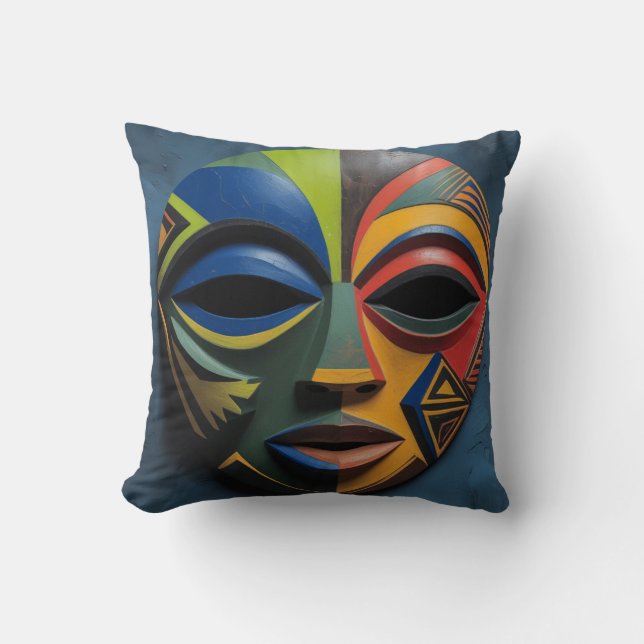 Afrikaans Tribal Mask Cubisme Abstract Kussen (Voorkant)
