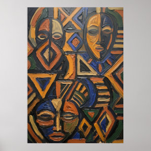 Afrikaans Tribal Masker Geometrisch Krachtig Oranj Poster