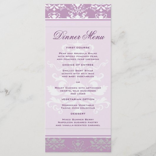 Afrikaans Violet & Zilver Damask Slim Dinner Menu (Voorkant)