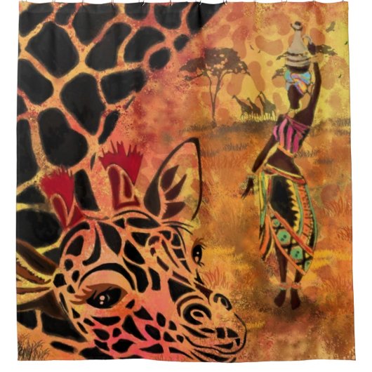 Afrikaans Vrouw en Giraffe Douchegordijn Schildere (Voorkant)