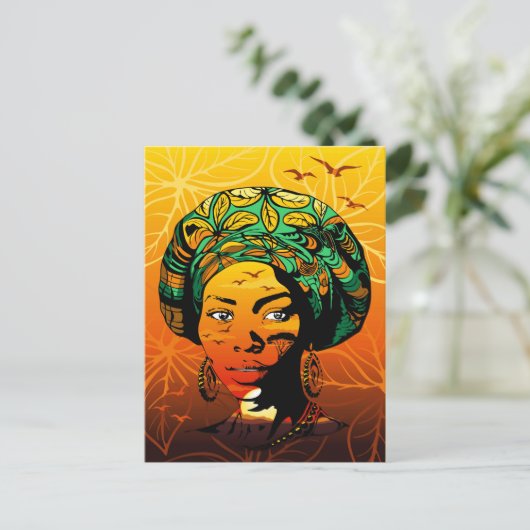 Afrikaans vrouwenportret met zonsondergang briefkaart (Staand voorkant)