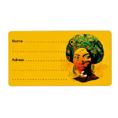 Afrikaans vrouwenportret met zonsondergang etiket (Voorkant)