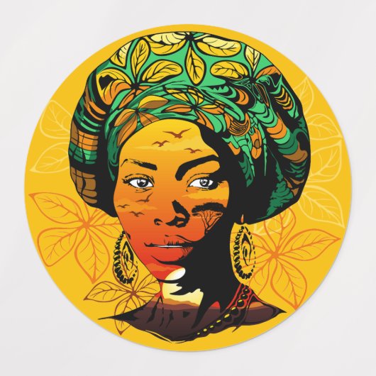 Afrikaans vrouwenportret met zonsondergang labels (Design 1)