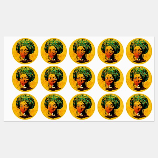 Afrikaans vrouwenportret met zonsondergang labels (Vel)