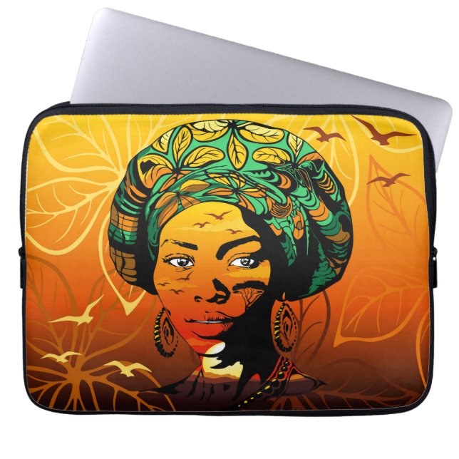 Afrikaans vrouwenportret met zonsondergang laptop sleeve (Voorkant)
